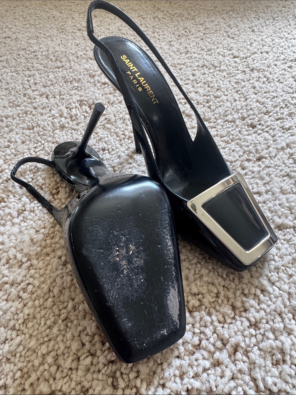 Saint Laurent Black Leather Slingback Pumps with Silver Square Toe Hardware - Picture 2 of 3